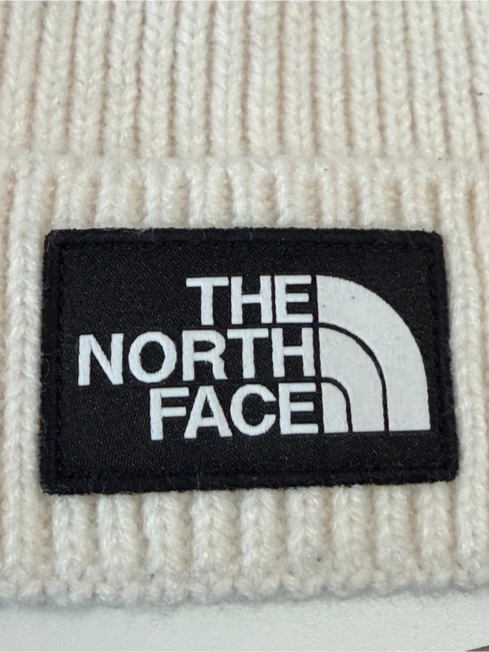 The North Face Logo Box Cuffed Beanie White Dune One Size Rib Knit Winter Hat